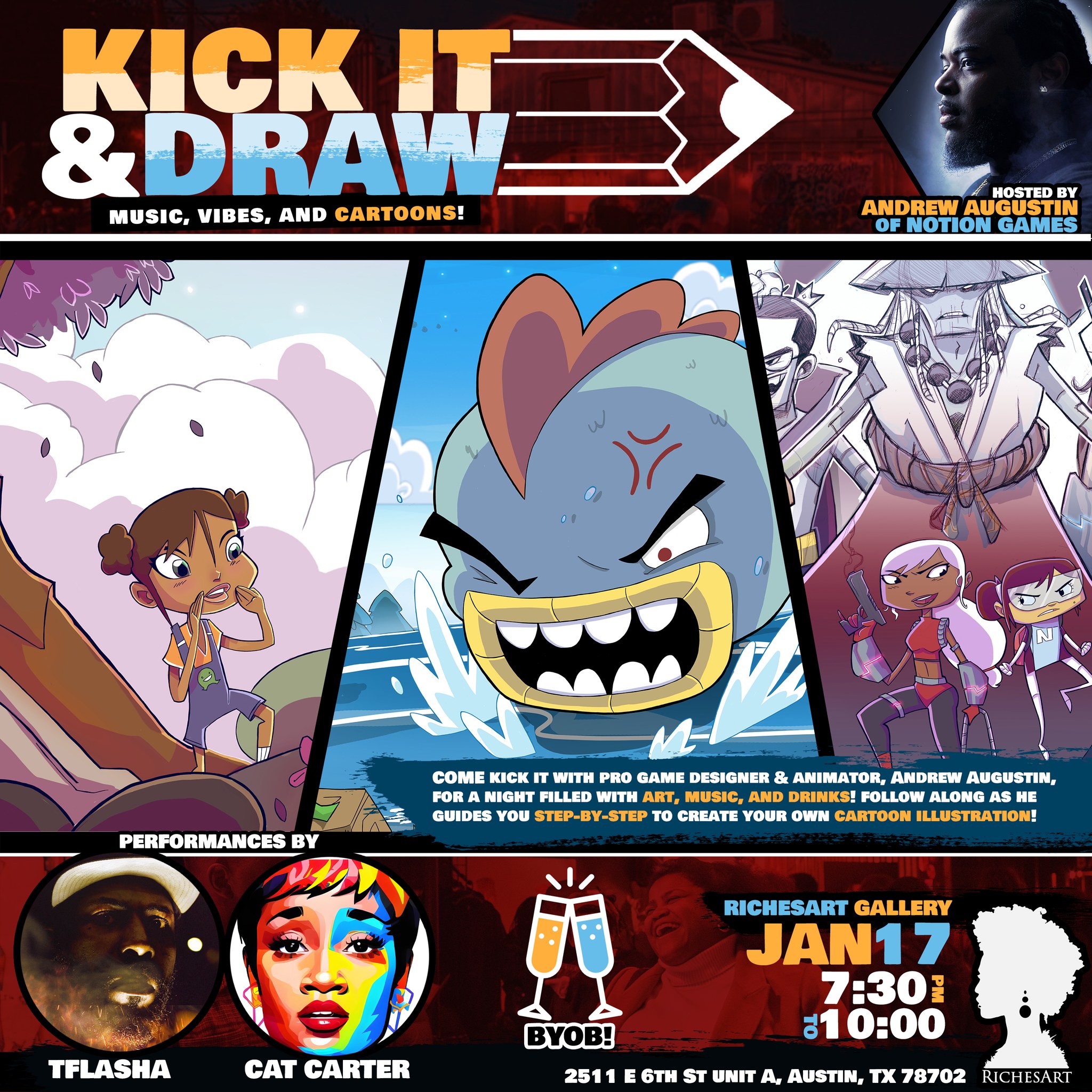 Kick It & Draw with Andrew Augustin of Notion Games at Riches Art Gallery.