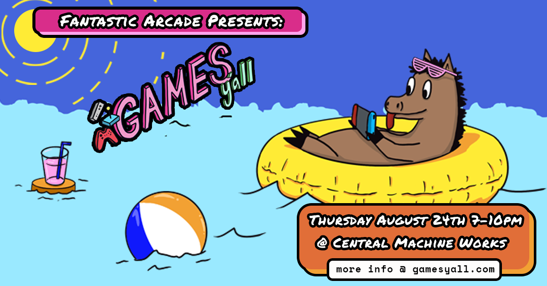 Games Y'all August 2023, horse in tube in swimming pool.