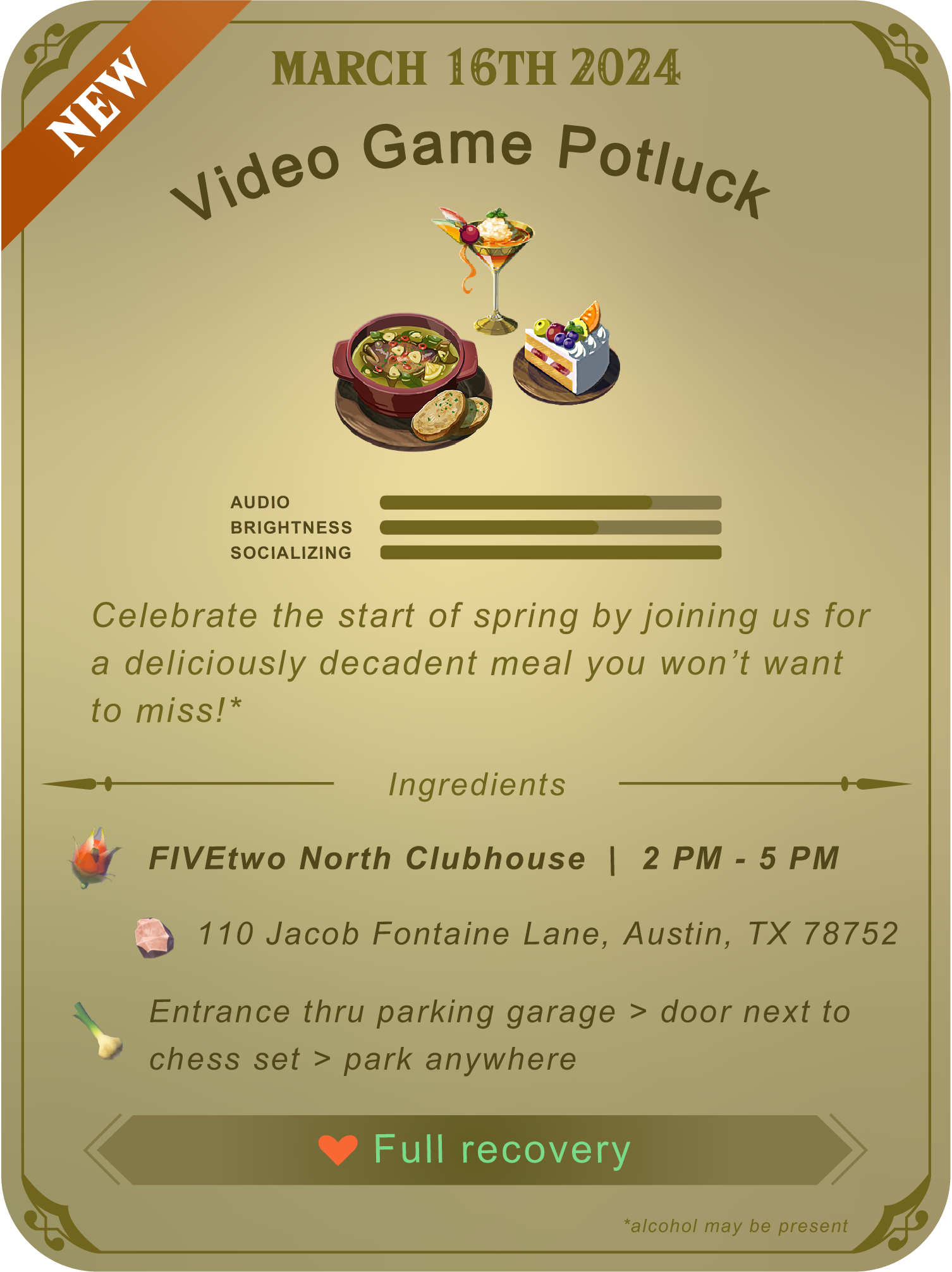 March 15th 2024 Video Game Potluck, Fivetwo North Clubhouse, 2-5 PM