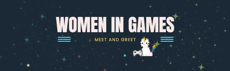 Women In Games Austin, with unicorn kitty and game controller in space.