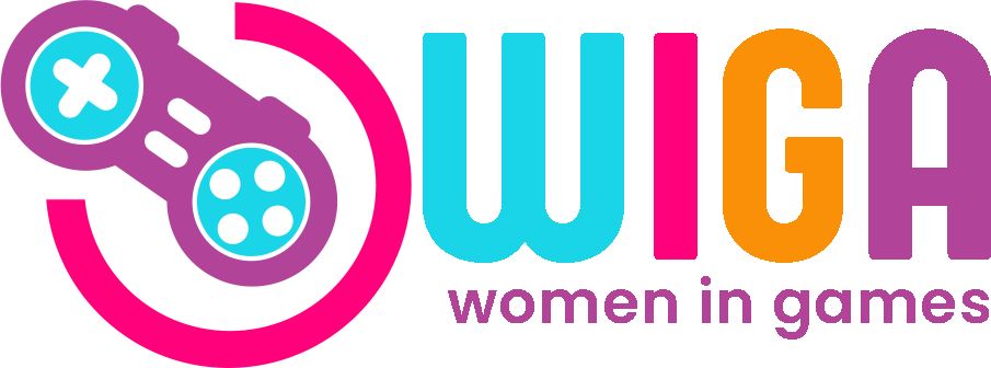 WIGA women in games, logo with game controller and multiple colors.