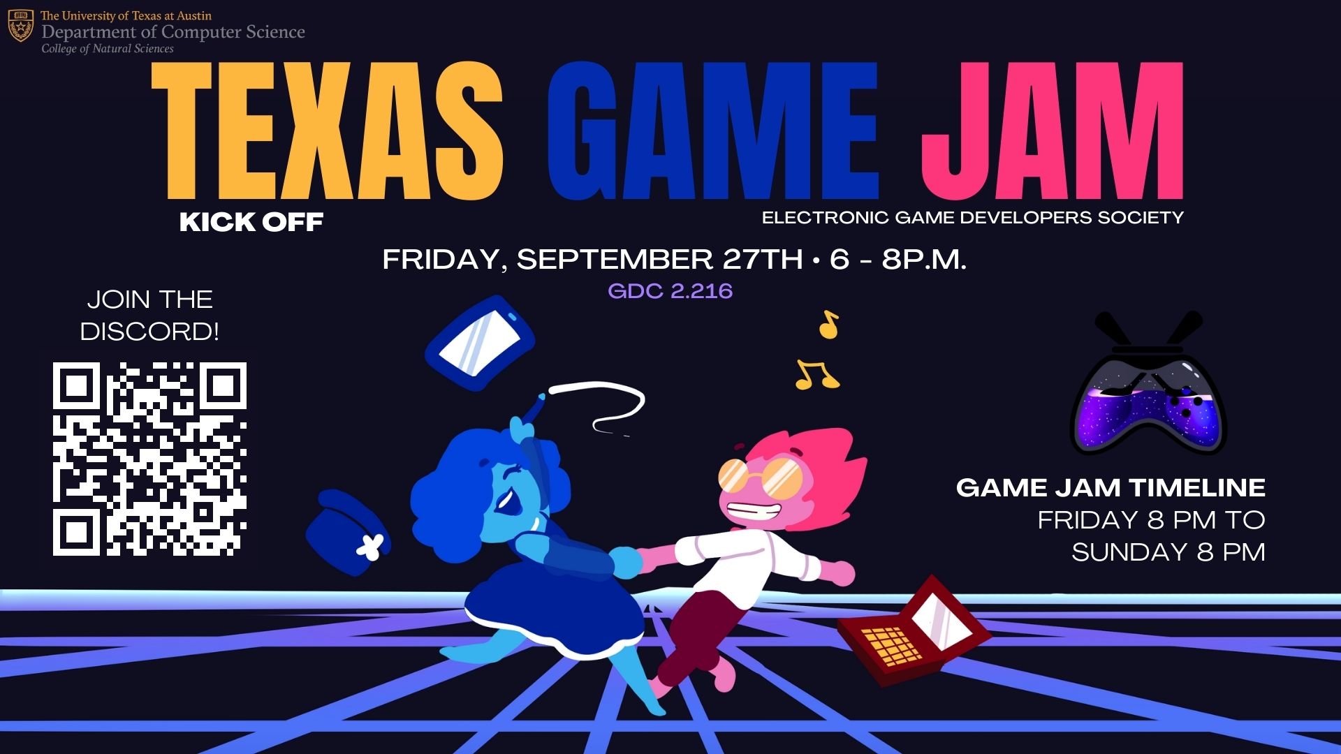 Texas Game Jam kickoff, with pink and blue dancers.