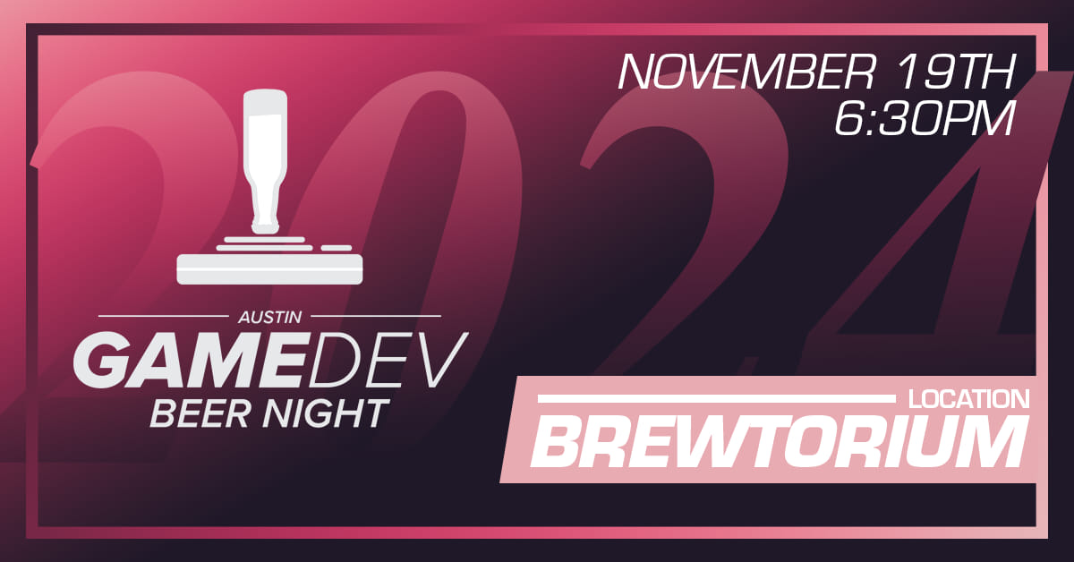 Game Dev Beer Night logo in sunset purples.