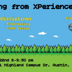 Learning From XPerience Panel with Unity, IGDA and ACC logos over a NES-era landscape of blue sky and green ground.