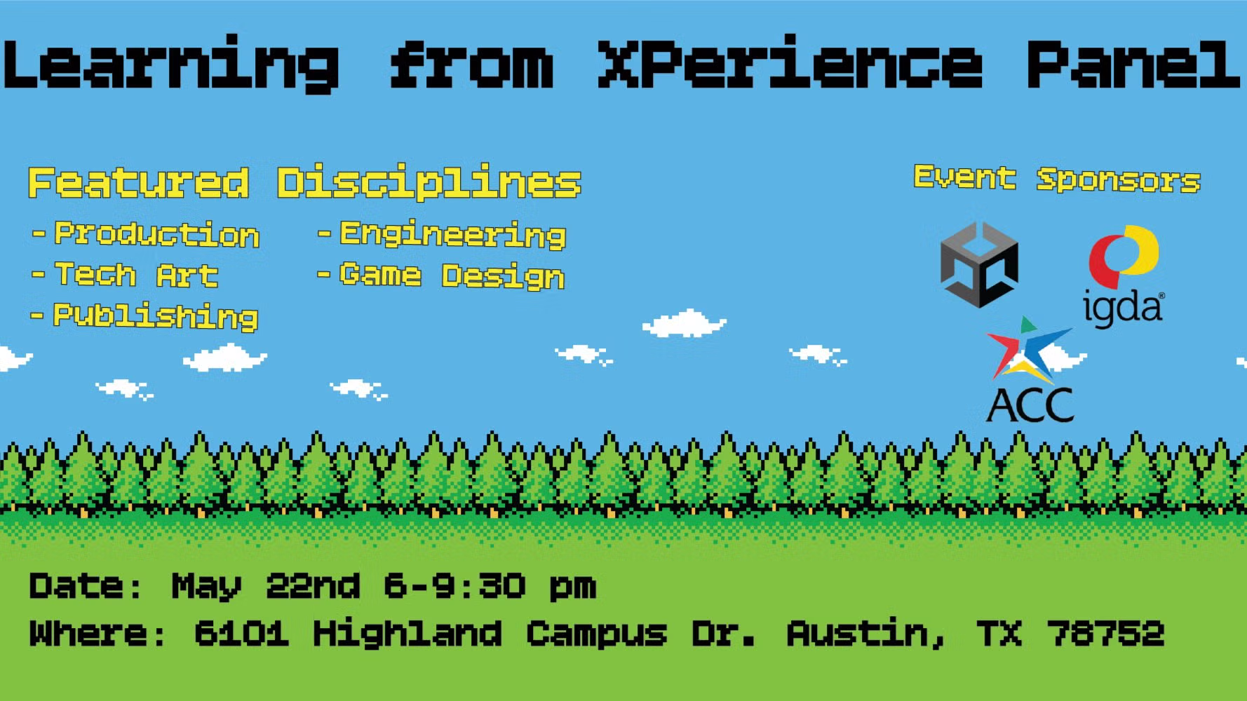 Learning From XPerience Panel with Unity, IGDA and ACC logos over a NES-era landscape of blue sky and green ground.