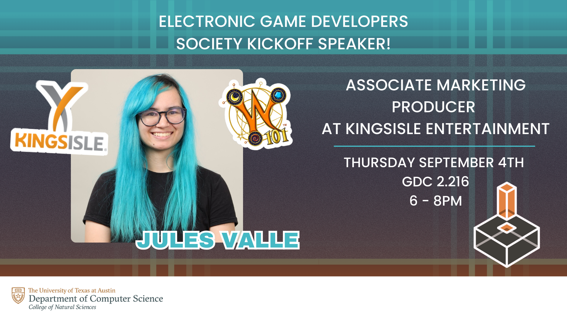 Picture of Jules Valle, EGADS logo, Wizard 101 and Kingsisle logo, kickoff details (see post)